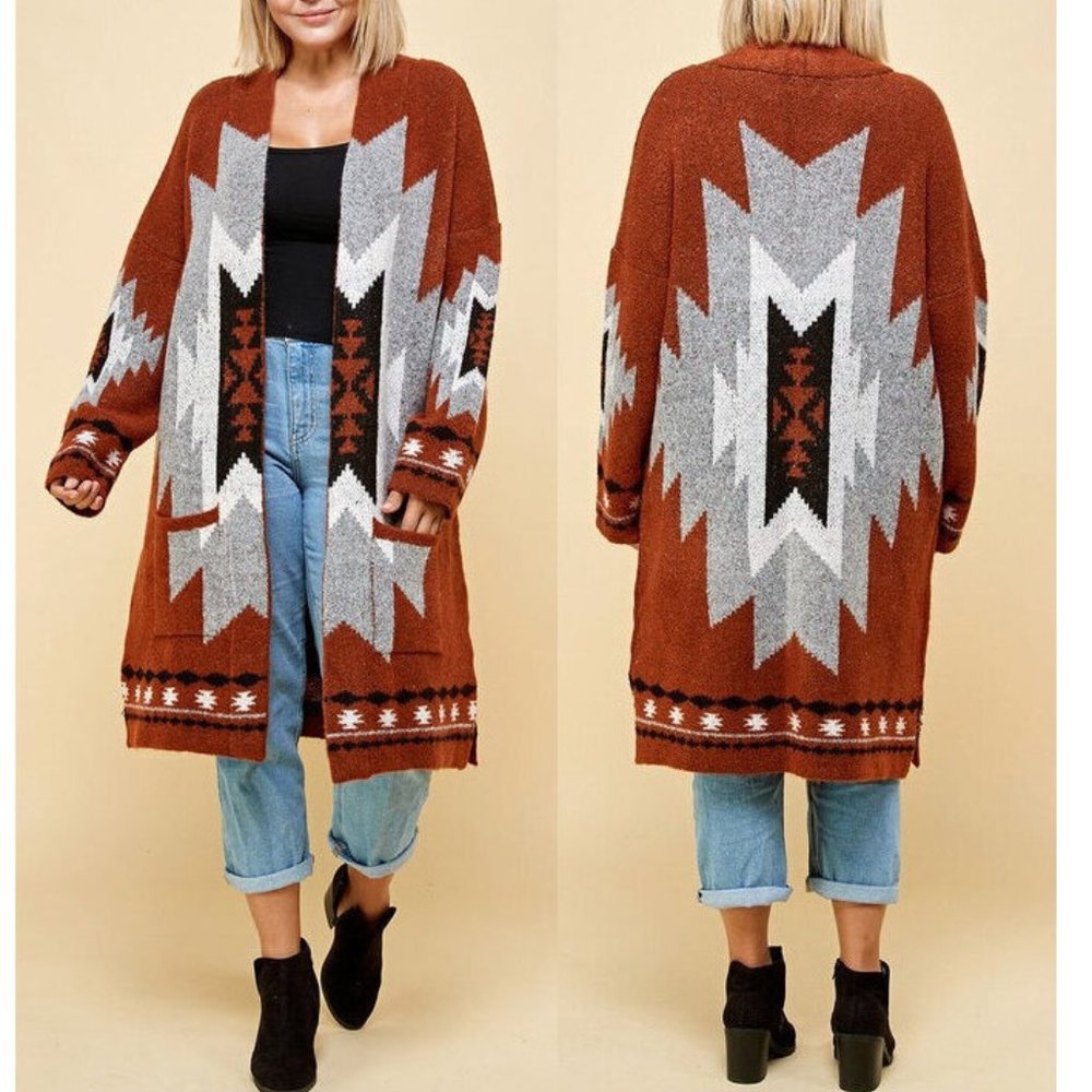 Plus Aztec Tribal Southwestern Cardigan Sweater - Picture 2 of 11